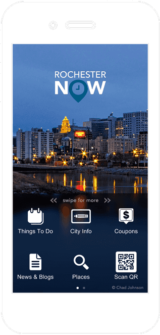 Home screen of Rochester Now displayed on outlined mobile phone