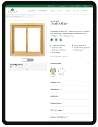 Window configurator page on a tablet device