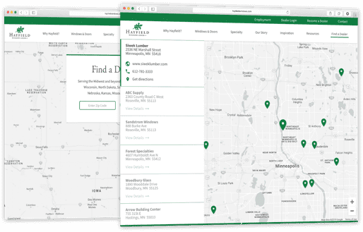 Two screens showing a map with search by zip code to find dealers in your area