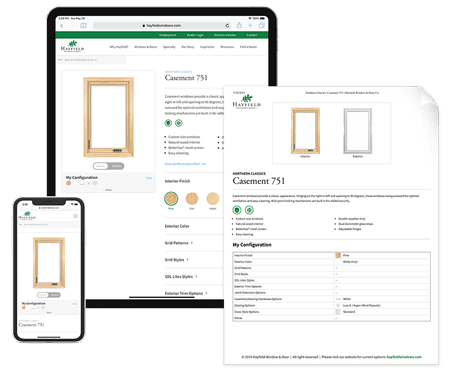 Shows the product configuration page displaying on mobile, big-screen and printed page