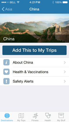 Destination screen for China